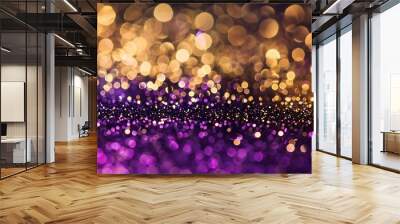 Abstract golden and purple glitter sparkle background with bokeh lights Wall mural