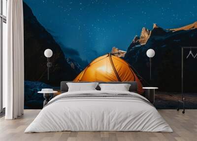 Beautiful camping tent at night with a starry sky Wall mural