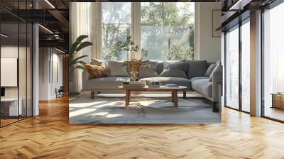 Beautiful living room interior with cozy grey sofas, coffee table and big window Wall mural