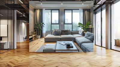 Beautiful living room interior with cozy grey sofas, coffee table and big window Wall mural