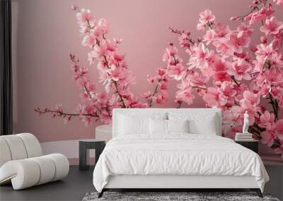 Beautiful pink product podium with pink flowers Wall mural