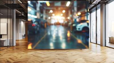 Blurred background of car in auto repair shop with bokeh light Wall mural