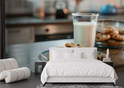 Chocolate chip cookies and a glass of milk on a wooden table Wall mural