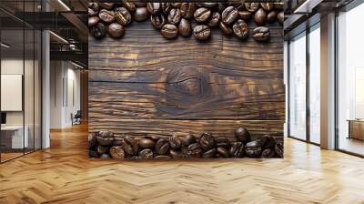 Coffee beans on wooden background. Top view with copy space Wall mural