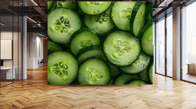 Cucumber slices with water droplets as background Wall mural