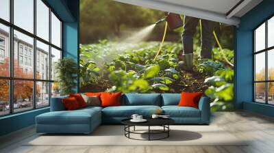 Farmer spraying water in vegetable garden Wall mural