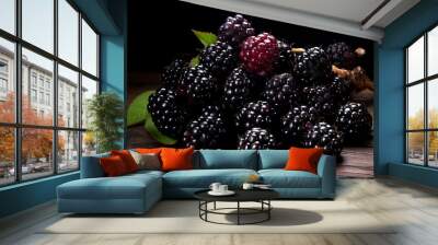 Fresh Dewberrys on wooden background Wall mural