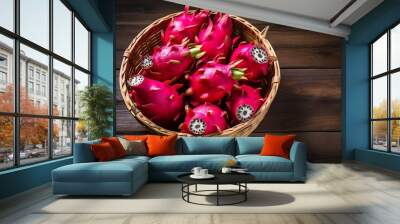 Fresh Dragon Fruits on wooden background Wall mural