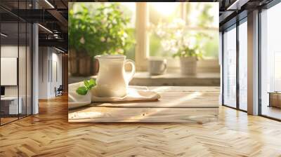 Fresh milk on a wooden table in the kitchen background Wall mural