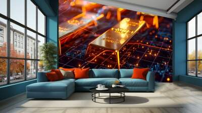 Gold bullion on circuit board background Wall mural