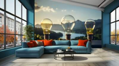 Group of light bulbs against a mountain landscape Wall mural