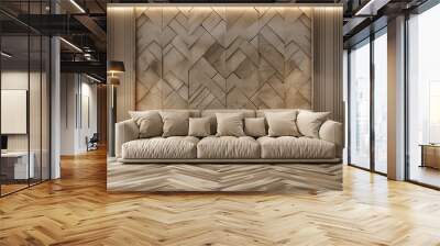 Interior design of living room interior with beige sofa and wood wall panel with parquet floor Wall mural