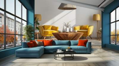 Interior of luxury living room with coffee table, lamps and yellow armchair Wall mural