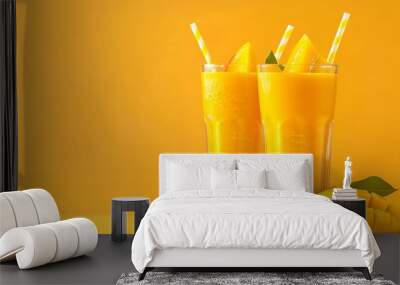 Mango smoothie with fresh mango fruits in glasses on colors background Wall mural