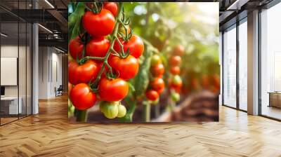 Ripe red cherry tomatoes on a branch in a greenhouse. Close-up Wall mural