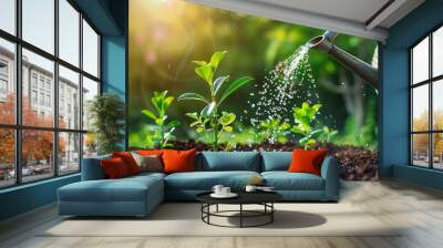 Watering the green seedling. The concept of environmental protection Wall mural