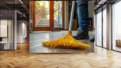 Young man cleaning floor with broom at home, closeup Wall mural