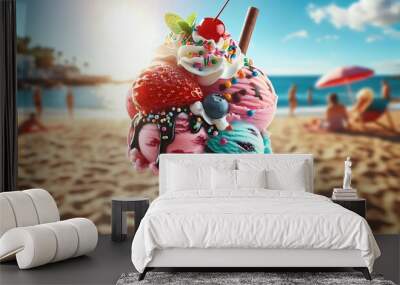 Hand holding a mixed-flavor ice cream on a sunny summer beach with a bright blue sky. Wall mural