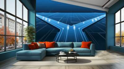 High digital pathways extend into the distance, with glowing, geometric lines crossing through the scene. The pathways are sleek and sophisticated, symbolizing advanced technology and network connect. Wall mural