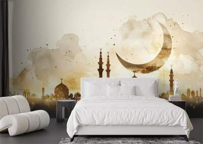  Ramadan Kareem or Eid greetings banner, poster or card design. Mosque with a crescent moon in gold  Wall mural