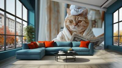 a cool cat with towel on head and white robe reading newspaper in morning, chilling cat life, spa life , cat fashion  Wall mural