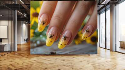 acrylic gel nail art of spring summer style, yellow honey bee french manicure style nails art  Wall mural