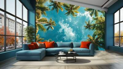 An image of two nice palm trees with blue sky, beautiful tropical background. Wall mural