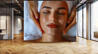 attractive girl having facial massage,  natural skin care spa facial massage in luxurious beauty salon, closed eye girl, business of salons and beauty spa  Wall mural