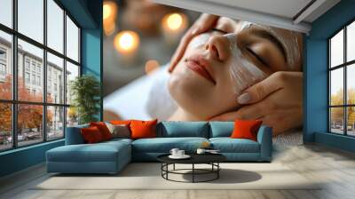 attractive girl having facial massage,  natural skin care spa facial massage in luxurious beauty salon, closed eye girl, business of salons and beauty spa  Wall mural