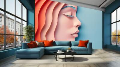 Beautiful fashion model woman with 3d papercut pastel colorful art, Fashion portrait isolated on pastel background	
 Wall mural