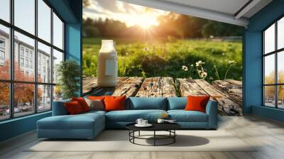 beautiful glass bottle of milk on wooden desk table top with nature background , space for text, cards banners or posters  Wall mural