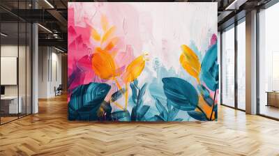 Beautiful nature spring tropical landscape with trees flowers grass and mountains painting art in the background., Landscape Hand Painting Gouache Watercolor Background Wall mural