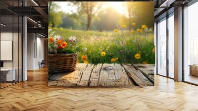 beautiful spring flowers on wooden desk table top with nature background , space for text, cards banners or posters  Wall mural