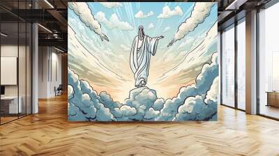 Biblical comic art of God in white with open arms in sky and clouds ,Image of Jesus, Resurrection. Flashing light, blurred face, sky Holy Spirit upon the Apostles and other followers of Jesus Christ Wall mural