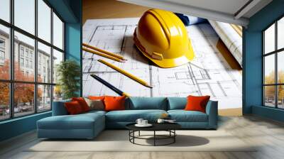 Blueprint floor plan architectural project on the table with yellow helmet and pencil
 Wall mural