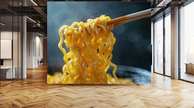 Bowl of instant noodles isolated on wooden background, noodles with chopsticks Wall mural