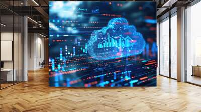 Business and technology concept. Smart office. GUI (Graphical User Interface). Busy multicultural enterprise blue web technology clouds forming network, graphs with financial business, Wall mural