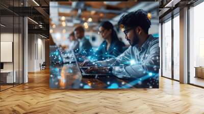 Busy multicultural enterprise employees sitting at desks working on computers in modern office rush,businessmen in office hand working on laptop computer with financial business,  Wall mural