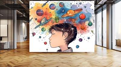 child Astronaut imagining space in mind merged brain with watercolor space art, gateway to another universe.space, cosmonaut and galaxy for poster, banner , future, science fiction, astronomy Wall mural