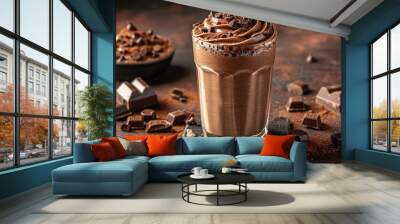 chocolate milkshake smoothie in a glass with chunks of fruit  , milk drink concept for brochures , menu card , business , cafes and restaurants advertisements  Background with copy space, 3d rendering Wall mural