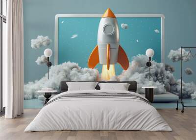 Close up of rocket flying out from a laptop screen,  rocket is launching and flying out, Business start up, Icon marketing on modern virtual interface. Wall mural