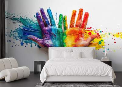 concept of Belonging Inclusion Diversity Equity DEIB or lgbtq,  group of multicolor painted people hands of different cultures and skin, on white background	 Wall mural