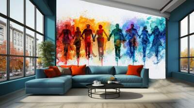 concept of Belonging Inclusion Diversity Equity DEIB or lgbtq, group of multicolor painted people of different cultures and skin, on colorful watercolor white background	
 Wall mural