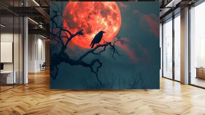 Crow On Tree with red moon ,generative ai Wall mural