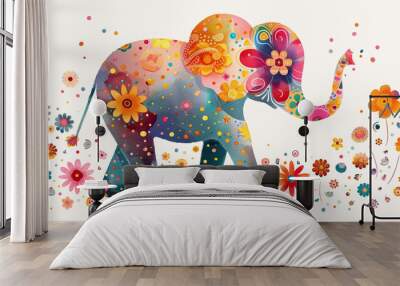 cute Vibrant and bright colorful painted prints on elephant portrait, holi theme, can be used for cards, tshirts, or kids learning Wall mural