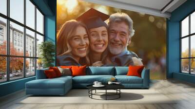 daughter graduation day, hugging happily with her parents Wall mural