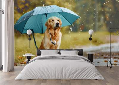 dog with umbrella ,generative ai Wall mural