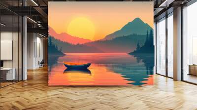 Fantastic evening panorama landscape with fog and forest boat in lake sunrise and sunset in mountains , Abstract art wallpaper for prints, Art Decoration, wall Wall mural