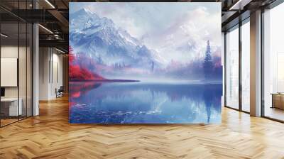 Fantastic evening panorama landscape with fog and forest. sunrise and sunset in mountains lake Abstract art wallpaper for prints, Art Decoration, wall Wall mural