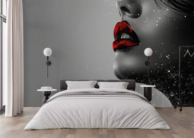 Fashion girl with red lips Woman's black and white sketch face art flying hair,  fashion portrait. Stylish original graphics portrait with beautiful young attractive girl model, space for text, beauty Wall mural